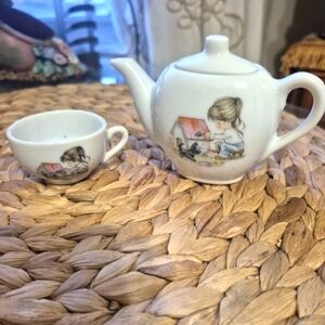 Vintage Child's White Teapot and Cup Set with Illustration
